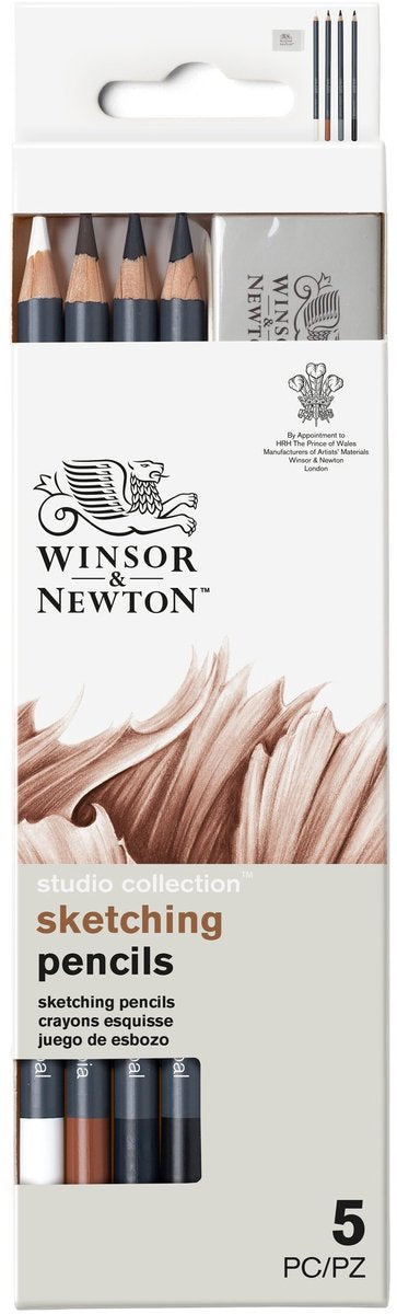 Winsor Newton 0490009 Studio Collection Sketch Pencils Set x5 med viskelæder – Charcoal Sepia Tegneblyanter til skitsering