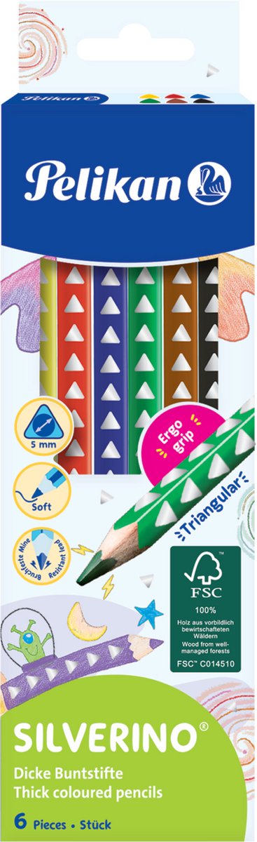 Pelikan farveblyanter silverino - trekantet 5,0 mm - 6 farver