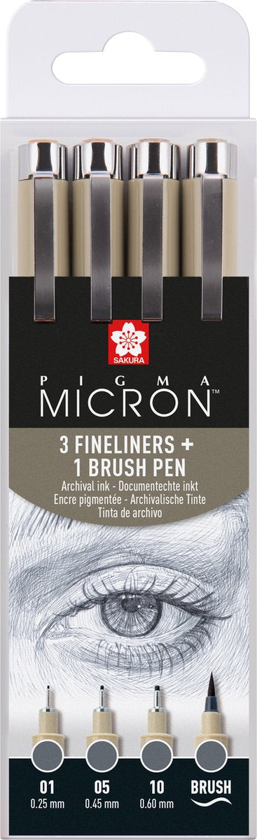 Sakura pigma micron fineliner sæt | 4 størrelser, kølig grå