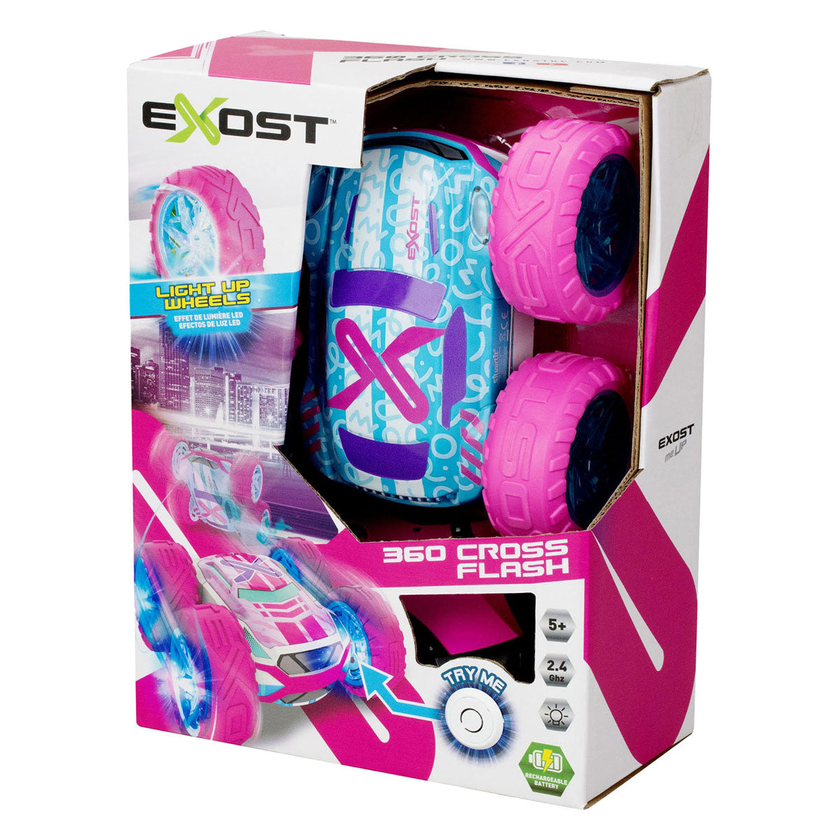 Exost rc 360 cross flash stunt bil pink 1:18 - blinkende hjul - inkl. genopladeligt batteri - rc bil