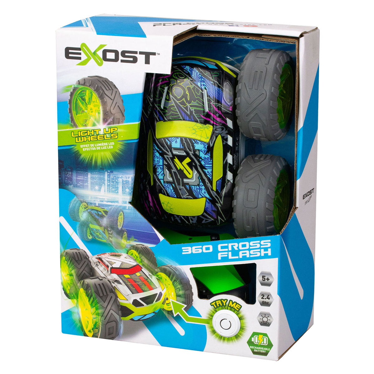 Exost rc 360 cross flash stuntbil grøn 1:18 - blinkende hjul - inkl. genopladeligt batteri - rc bil