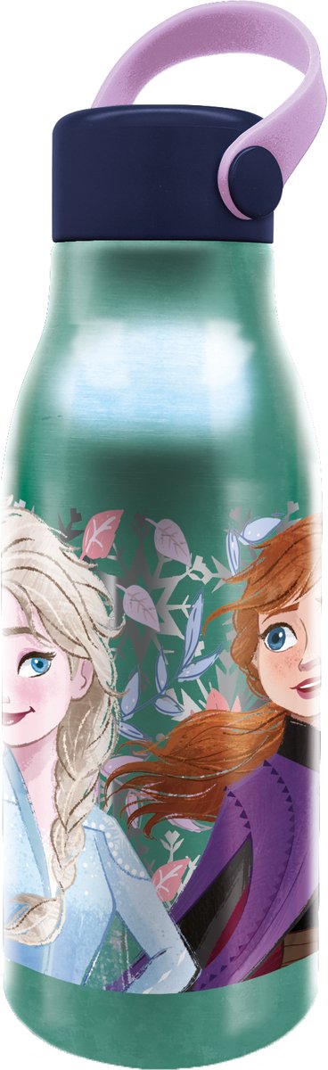 Stor Disneys Frozen II drikkedunk i aluminium – 760 ml – med gummibøjle – lukker godt – drikkedunk til børn – mintgrøn mørkeblå