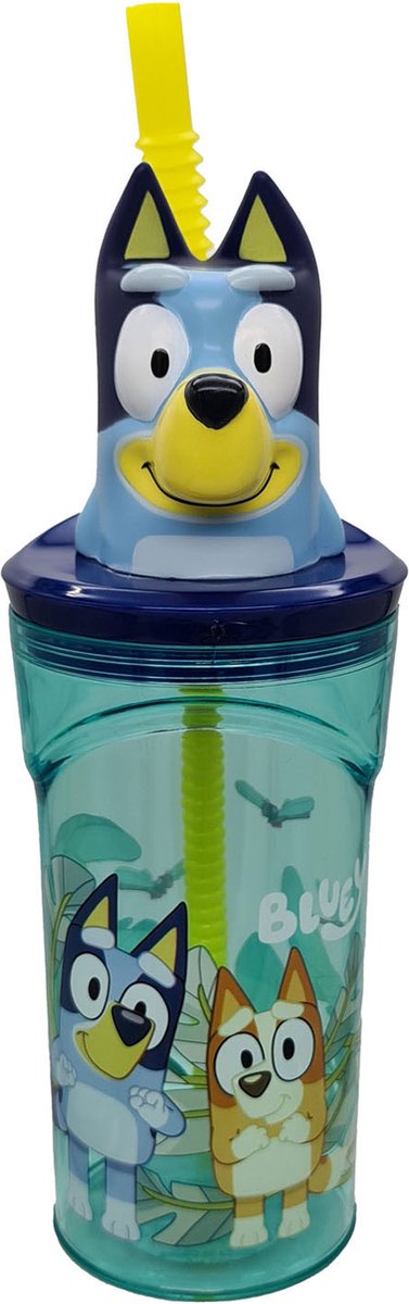Stor bluey drikkekop med sugerør - 360 ml - genanvendelig - med 3D figur - BPA-fri - tumbler til børn fra 4 år - gennemsigtig blå