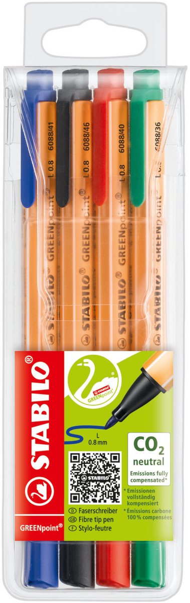 Stabilo greenpoint - hardtip fineliner 0,8 mm - nylonspids - co2 neutral - etui med 4 farver