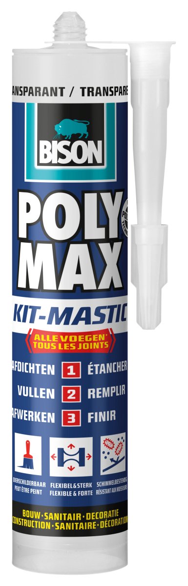 Bison poly max kit gennemsigtigt rør 280 ml, alt i 1 sæt, vandtæt forsegling, universal, indendørs og udendørs, kan males, fyldes, krympefri, temperaturbestandig fra - 40°c til + 100°c