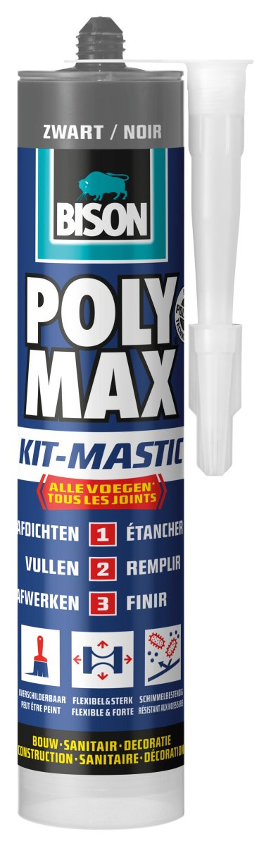 Bison poly max kit sort rør 280 ml, alt i 1 sæt, vandtæt forsegling, universal, indendørs og udendørs, kan males, fyldes, temperaturbestandig fra - 40°c til + 100°c