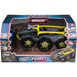 Nikko rc car Hercules - genopladelig USB-C styret bil med batteri til indendørs og udendørs - til børn fra 6 år - specialfunktion med 6 hjul - stuntbil med 360° rotation - 30 cm