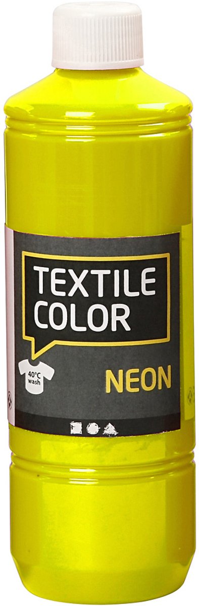 Creotime tekstilmaling neongul – gul tøjmaling – stofmaling – tekstilfarve – stofmaling – maling til tøj – tekstilfarvning – farvestof til stof – DIY tøjfarvning – fluorescerende gul – 500 ml