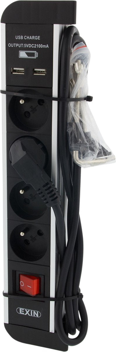 Exin stekkerdoos - 4-voudig met penaarde - 2 usb aansluitingen - met veiligheidsschakelaar - 1.5 meter snoer - aluminium