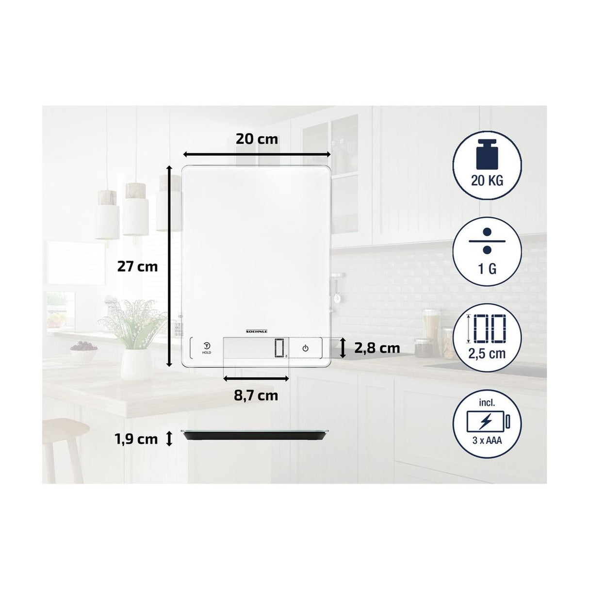 Leifheit soehnle køkkenvægt side profi 300 - digital - 1 gram nøjagtig - op til 20 kg - hvid