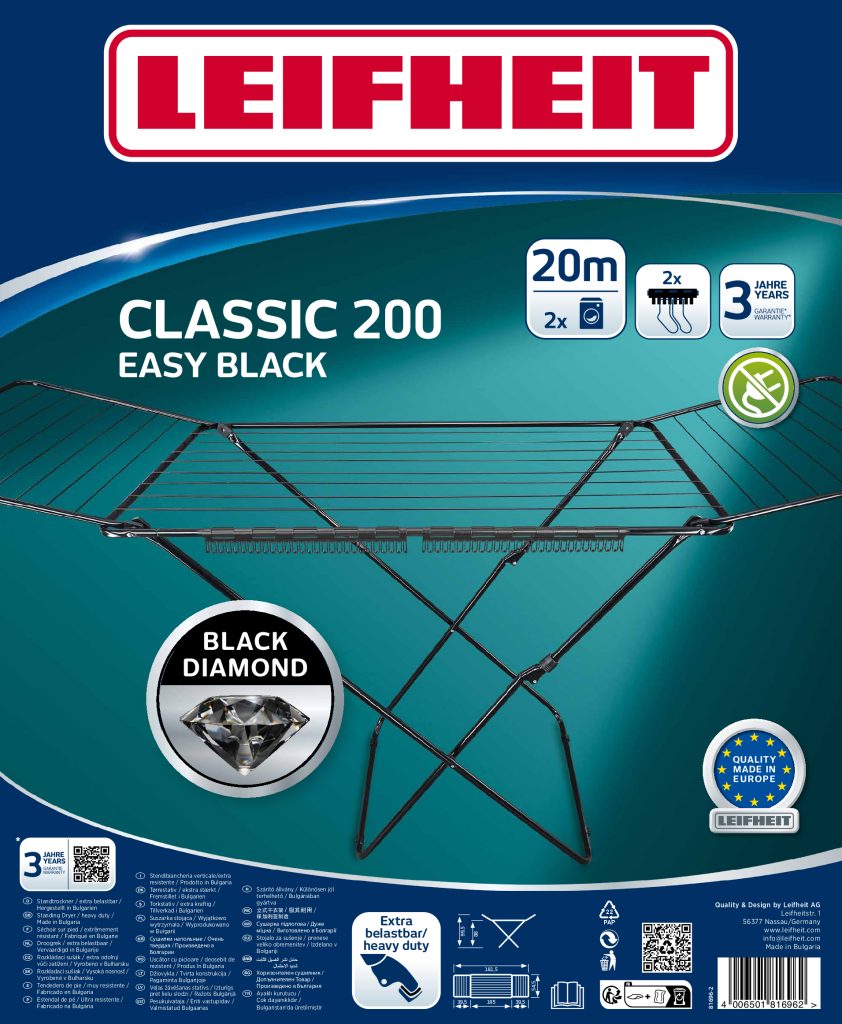 Leifheit 81696 classic 200 lettørrestativ sort