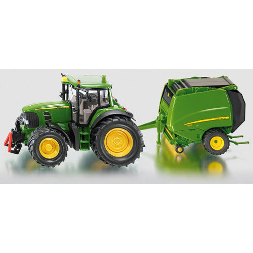 Siku 1665, John Deere traktor med ballepresser inklusiv 2 høballer, metalplastik, grøn, bevægelige dele