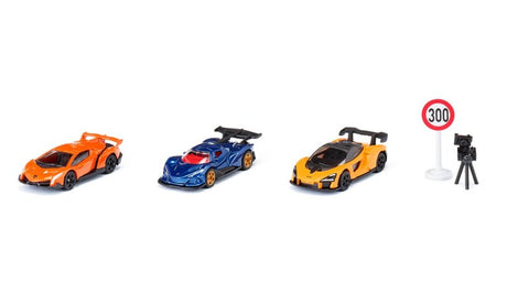 Siku 6328, gavesæt superbiler, Lamborghini Veneno, Apollo I.E., McLaren Senna, bevægelige dele, inkl. trafikskilt og fartkamera