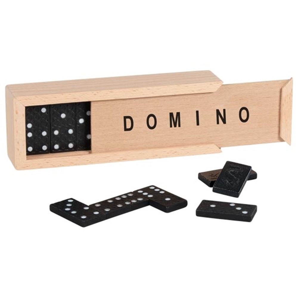 Domino spil i trææske. 3,8 x 1,9 cm. 2
