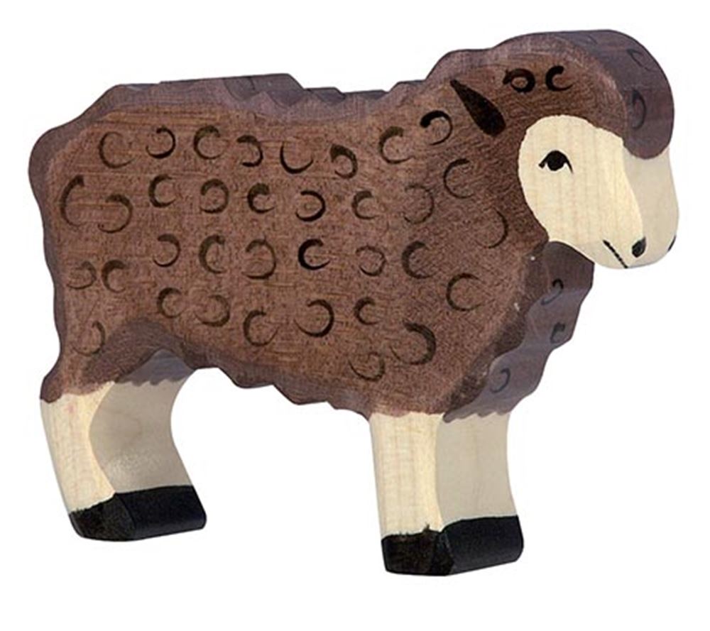 Holztiger får, stående, sort. 10 cm.