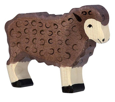 Holztiger får, stående, sort. 10 cm.
