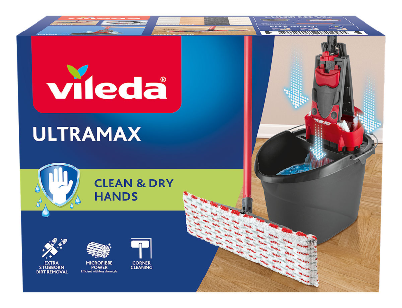 Vileda ultramax komplet sæt - flad mikrofibermoppe + spand med presse