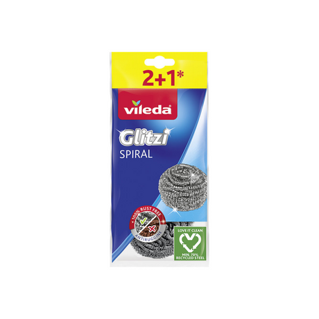Vileda glitzi spiral rustfrit stål serie - rustfrit stål rengøringssvamp - 3 stykker - holdbart