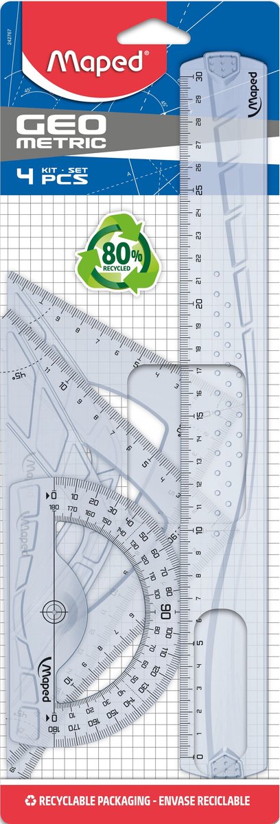 Kortlagt kontor geometrisk sæt med 2 trekanter 21 cm, 30 cm lineal og 1 vinkelmåler