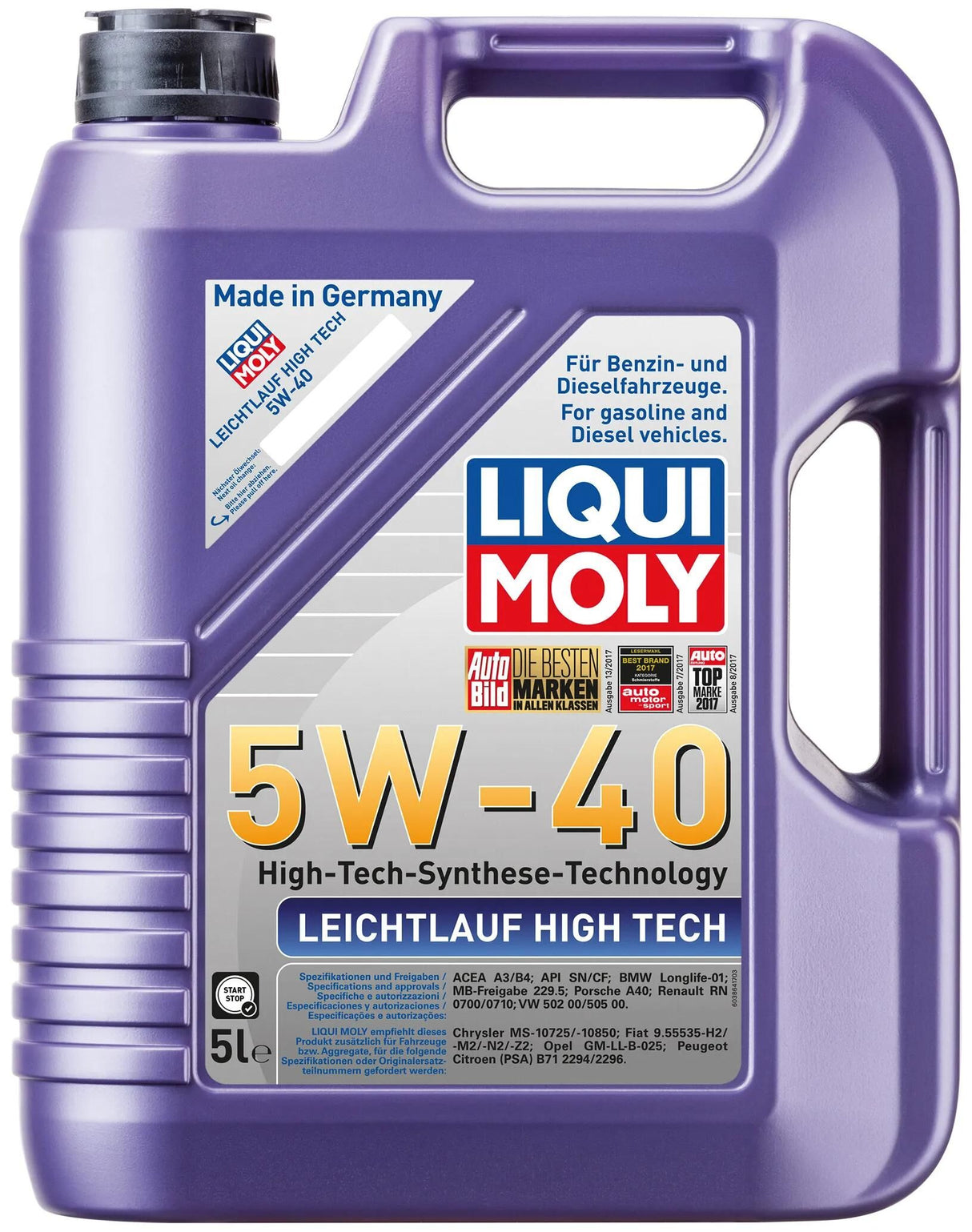 Liqui moly motorolie leichtlauf high tech leichtl. højteknologisk 5w40 lm 5 ltr.