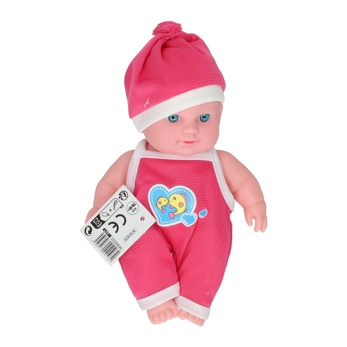 Babydukke med hjertebukser og hat