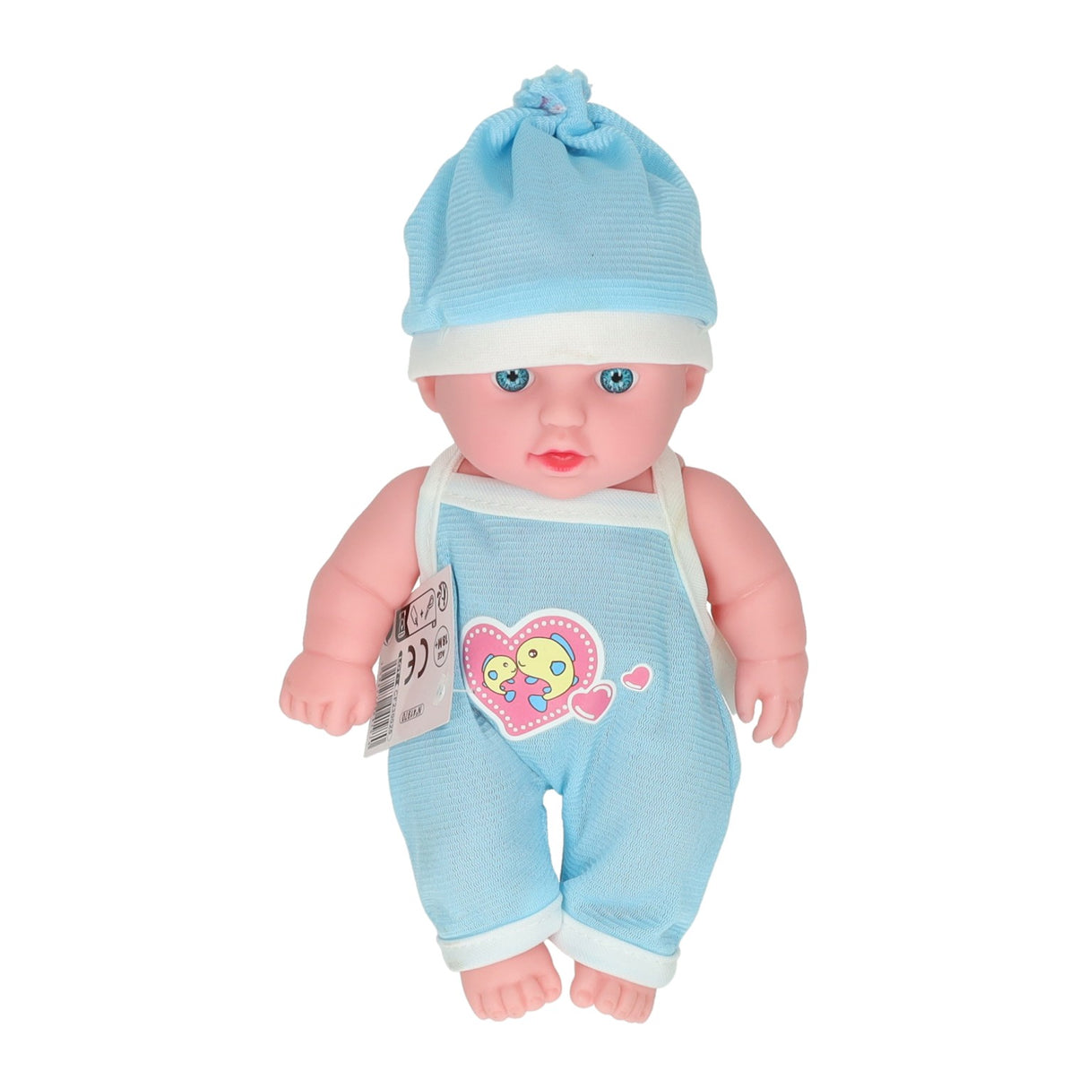 Babydukke med hjertebukser og hat