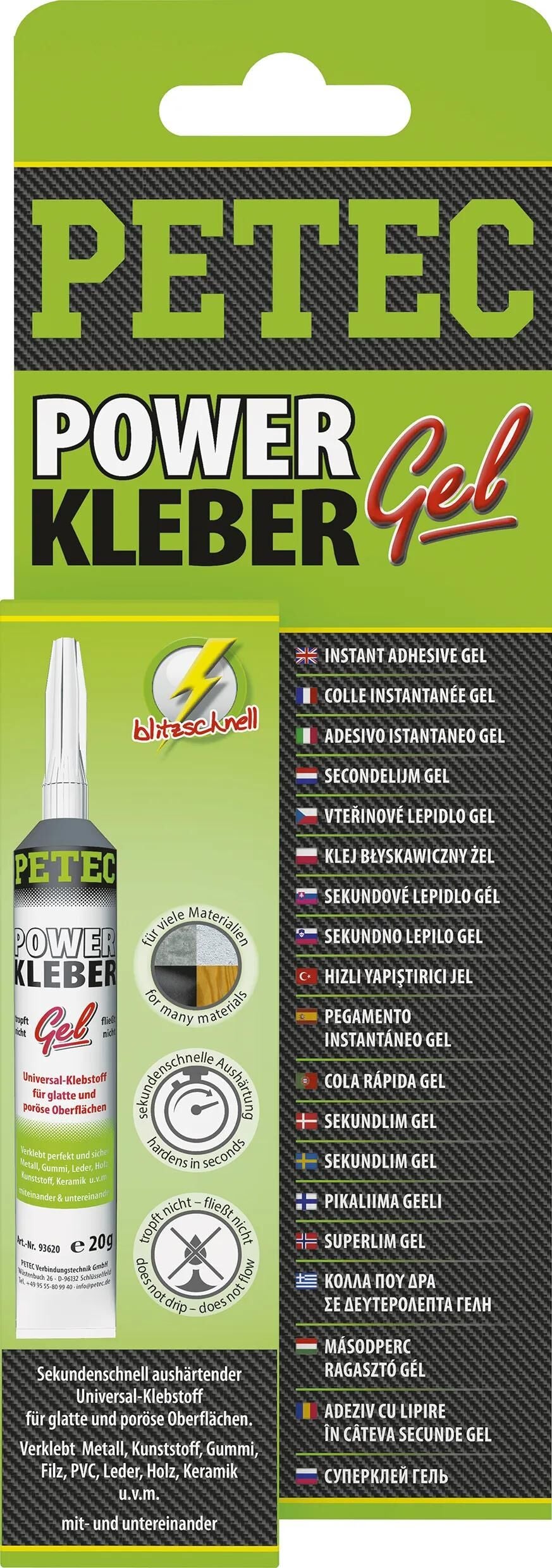 Petec universal klebstoff power kleber gel univ. selvklæbende 20g sb tube
