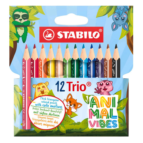Stabilo trio tyk - trekantede farveblyanter med ekstra tyk kerne - dyrevibes - etui med 12 farver