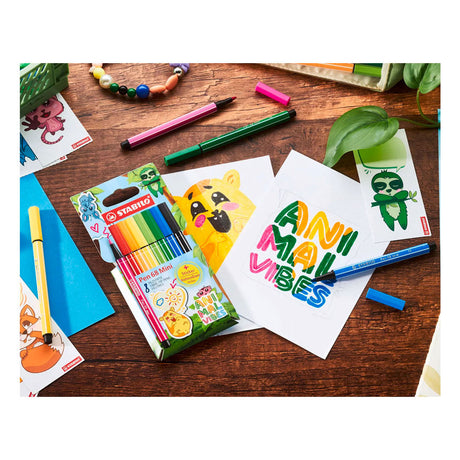 Stabilo pen 68 mini - premium filtpen - animal vibes - etui med 8 farver + klistermærke