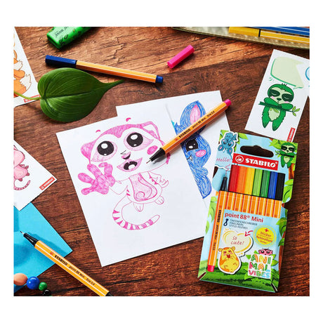 Stabilo point 88 mini - premium fineliner - animal vibes - etui med 8 farver + klistermærke