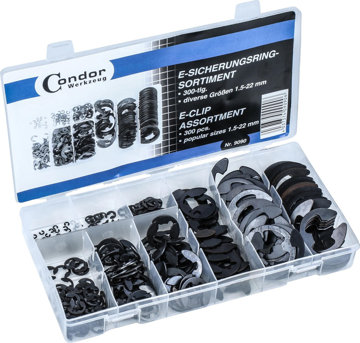 Condor sortiment holderringe 9090 e-ringe sortimenter 300 stk., 1,5-22 mm