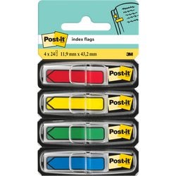 Post-it ® index pijltjes, standaard set, rood, blauw, geel, groen, 12 x 43 mm, 24 tabs kleur dispenser