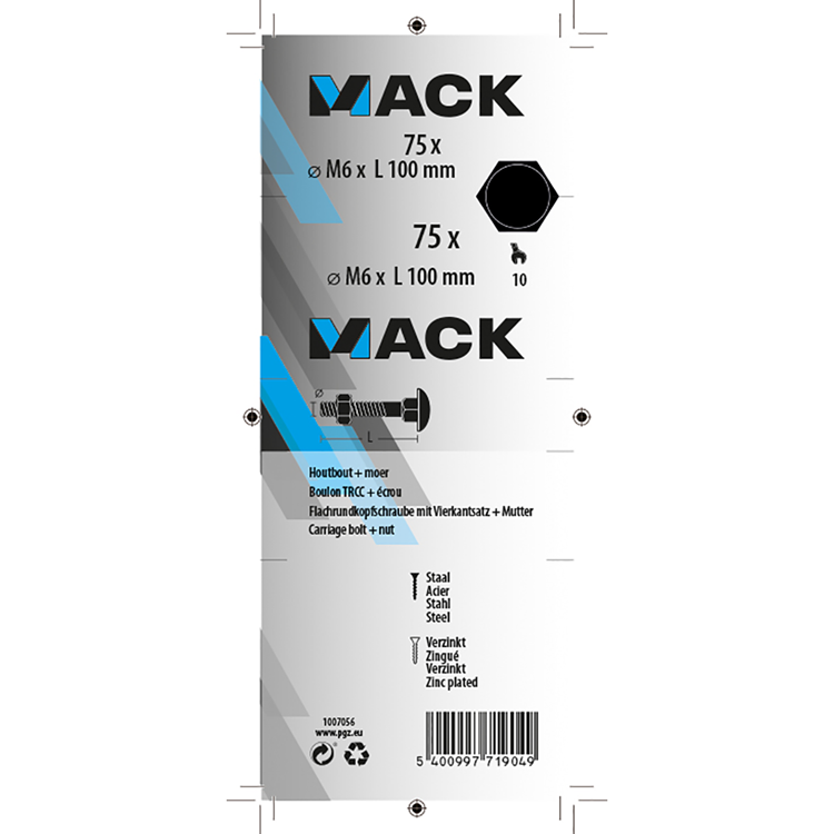 Mack 1007056 - træbolt + møtrik galvaniseret 75 stk6 x 100 mm | 2 stk