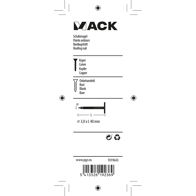 Mack 1019643 - skifer søm kobber 30 gr 3,0 x 40mm | 10 stk