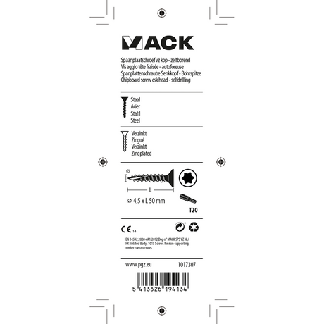 Mack 1017307 - spaanplschr.vzkop-zelfb. geelverz.12 st 4,5 x 50 mm | 10 stuks