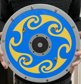 Skovklædt træskjold, rundt. 31 cm.