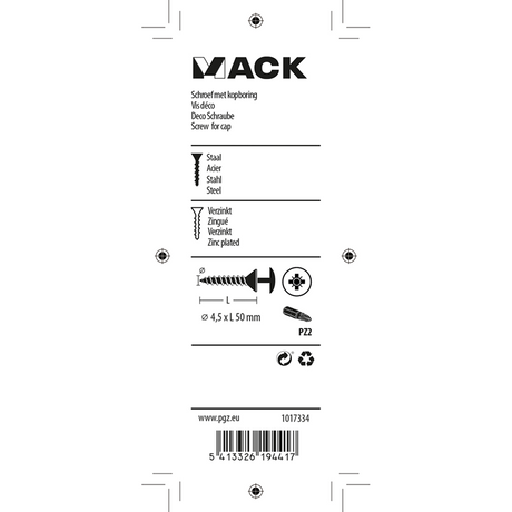 Mack 1017334 - schroef met kopboring staal verz. 8 st 4,5 x 50 mm | 10 stuks
