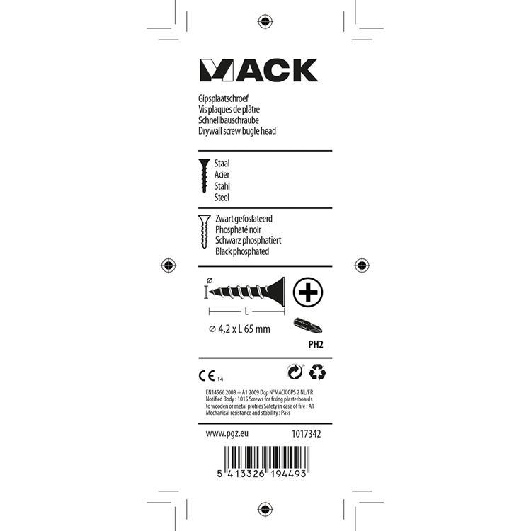 Mack 1017342 - gipspladeskrue sort phosph. 12 stk 4,2 x 65 mm | 10 stk