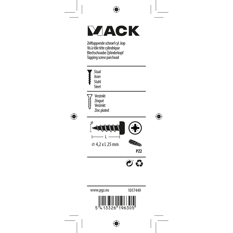 Mack 1017449 - selvskærende skrue cylinderhoved galv. 15 stk 4,2 x 25 mm | 10 stk