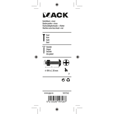 Mack 1017542 - kachelbout + moer staal verzinkt 16 st m4 x 30 mm | 10 stuks