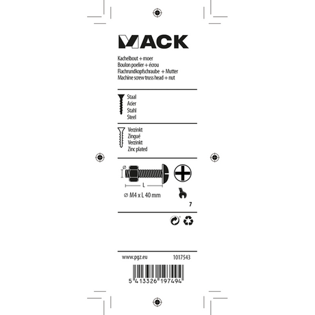 Mack 1017543 - kachelbout + moer staal verzinkt 14 st m4 x 40 mm | 10 stuks