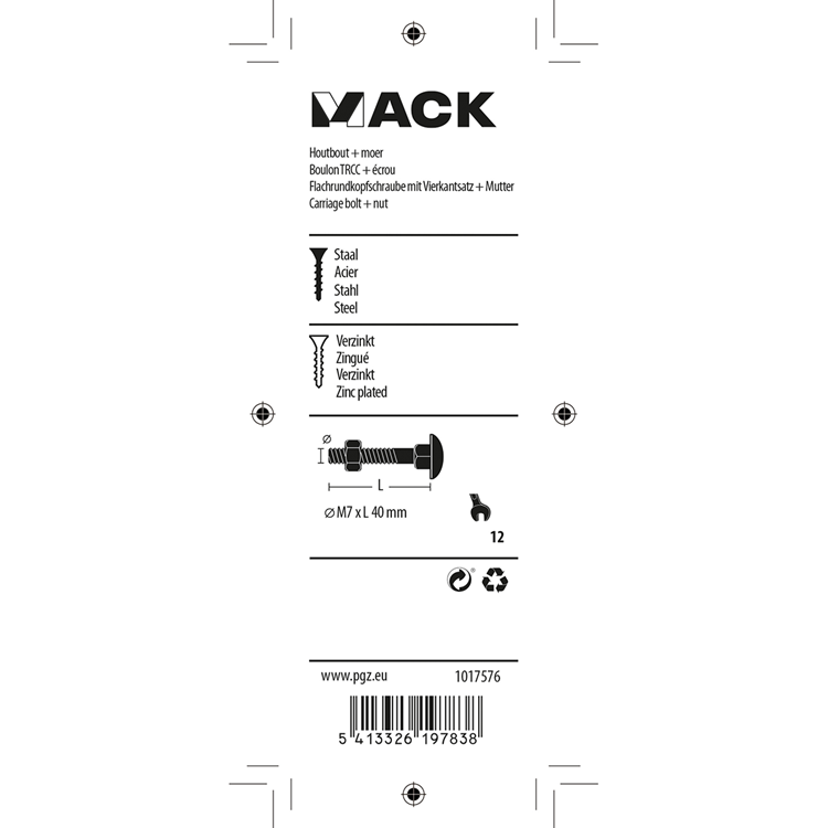 Mack 1017576 - træbolt + møtrik galvaniseret stål 5 stk m7 x 40 mm | 5 stk