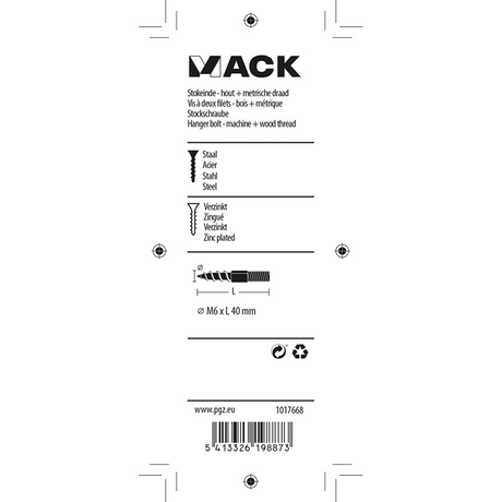 Mack 1017668 - stokeinde hout + metr. draad verz. 5 st m6x40 | 10 stuks