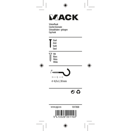 Mack 1017808 - schroefhaak staal wit 4 st 4,0 x 30 mm | 10 stuks