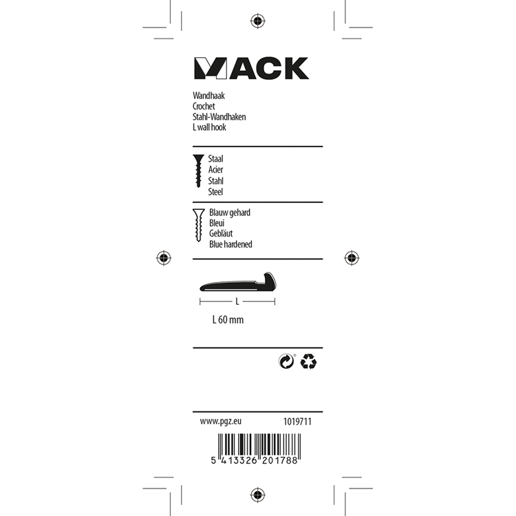 Mack 1019711 - vægkrog stål blå hærdet 5 stk 60 mm | 10 stk