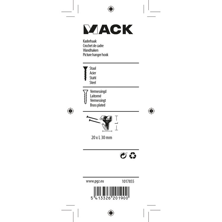 Mack 1017855 - rammekrog stål messingbelagt 6 stk 20 x 30 mm | 5 stk