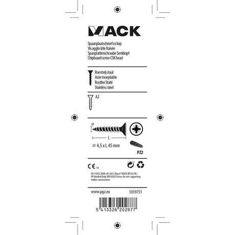 Mack 1019751 - spaanplaatschroef vz kop rvs 7 st 4,5 x 45 mm | 10 stuks
