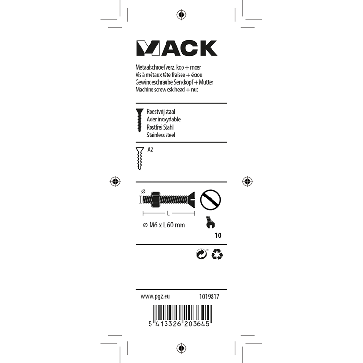 Mack 1019817 - metalskrue galvaniseret. hoved + møtrik rustfrit stål 2 stk m6x60 | 10 stk
