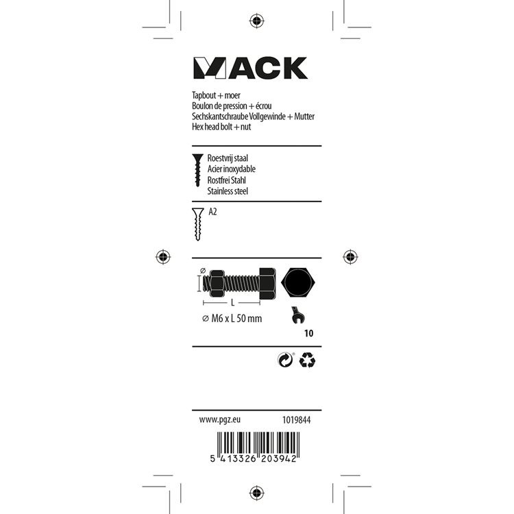 Mack 1019844 - tapbolt + møtrik rustfrit stål 3 stk m6x50 | 10 stk