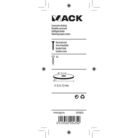 Mack 1019876 - carrosserie sluitring inox a2 12 st 4,3x12 | 10 stuks